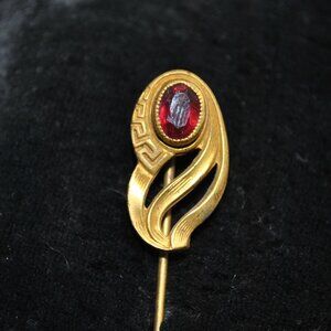 Antique Greek Key Art Nouveau Stick / Tie Pin with Red-Pink Glass